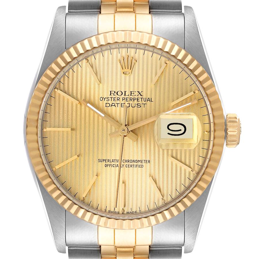 The image shows a front view of the Rolex Vintage Collection 16013 Men's Steel and Gold (two tone) Champagne Dial 16013 Men's Steel and Gold (two tone) Champagne Dial Datejust watch, highlighting its gold face, date display, and two-tone band.