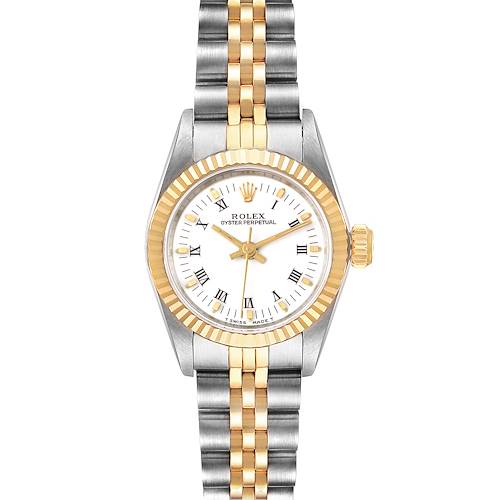 This image shows a front view of a Rolex Oyster Perpetual 67193 Women's Steel and Gold (two tone) White Dial 67193 Women's Steel and Gold (two tone) White Dial watch, displaying its face, bezel, and bracelet.