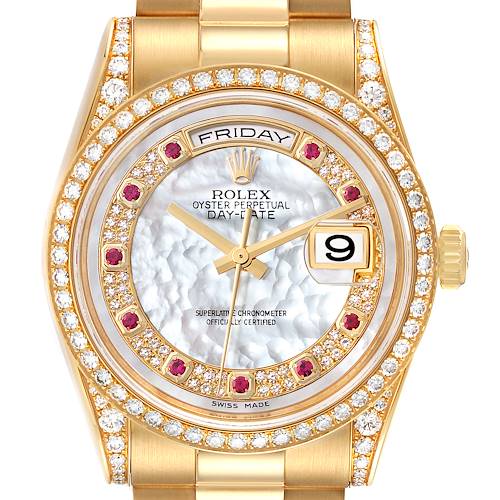 The image shows a front close-up of a Rolex President 118388 Men's Yellow Gold Mother of Pearl Dial 118388 Men's Yellow Gold Mother of Pearl Dial model watch, highlighting the bezel, dial, hands, and bracelet.