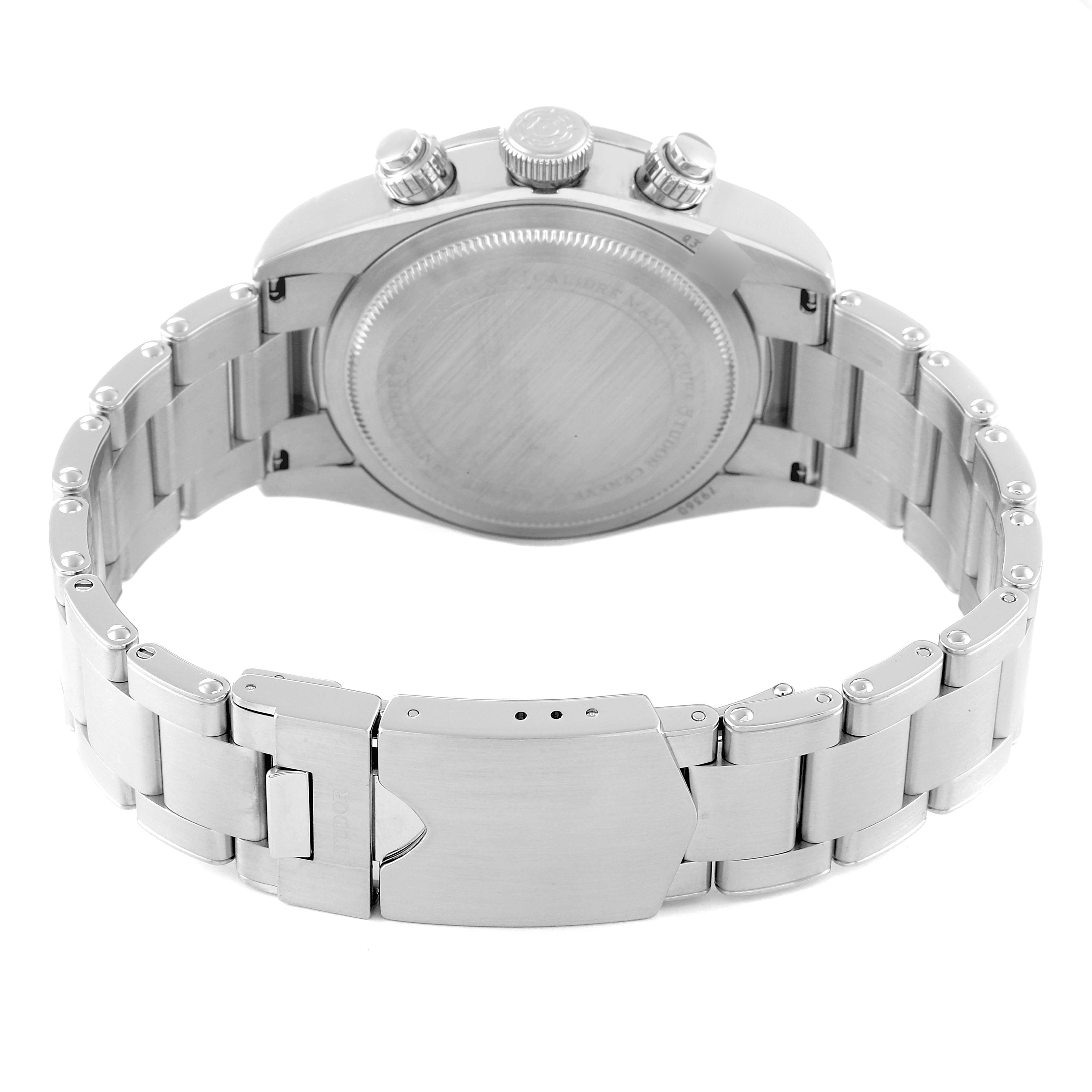The image shows the back view of the Tudor Heritage Black Bay 79360N Men's Stainless Steel White Dial 79360N Men's Stainless Steel White Dial watch, highlighting its closed case back and stainless steel bracelet with a clasp.