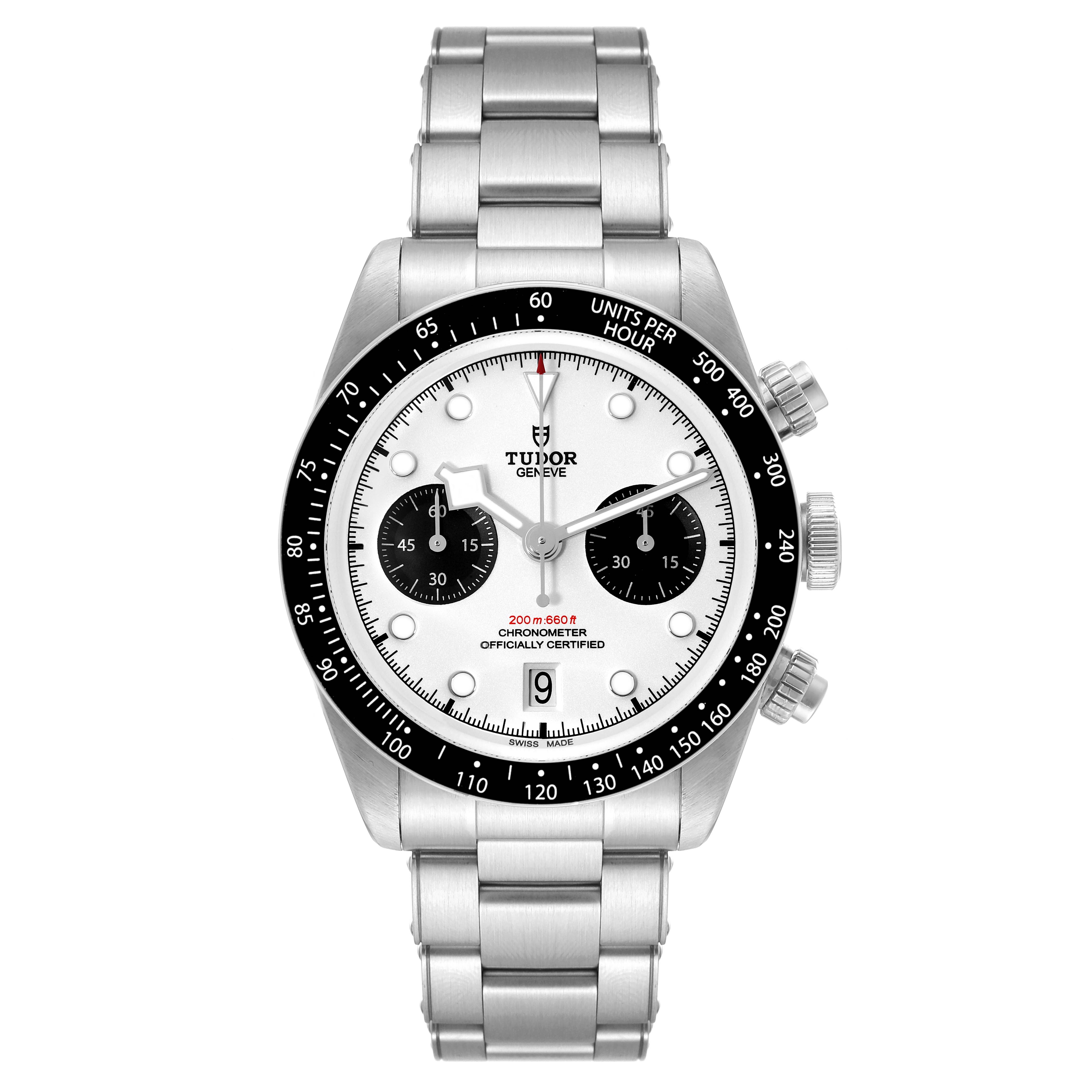 The image shows a Tudor Heritage Black Bay 79360N Men's Stainless Steel White Dial 79360N Men's Stainless Steel White Dial watch from a front view, highlighting the dial, bezel, and bracelet.