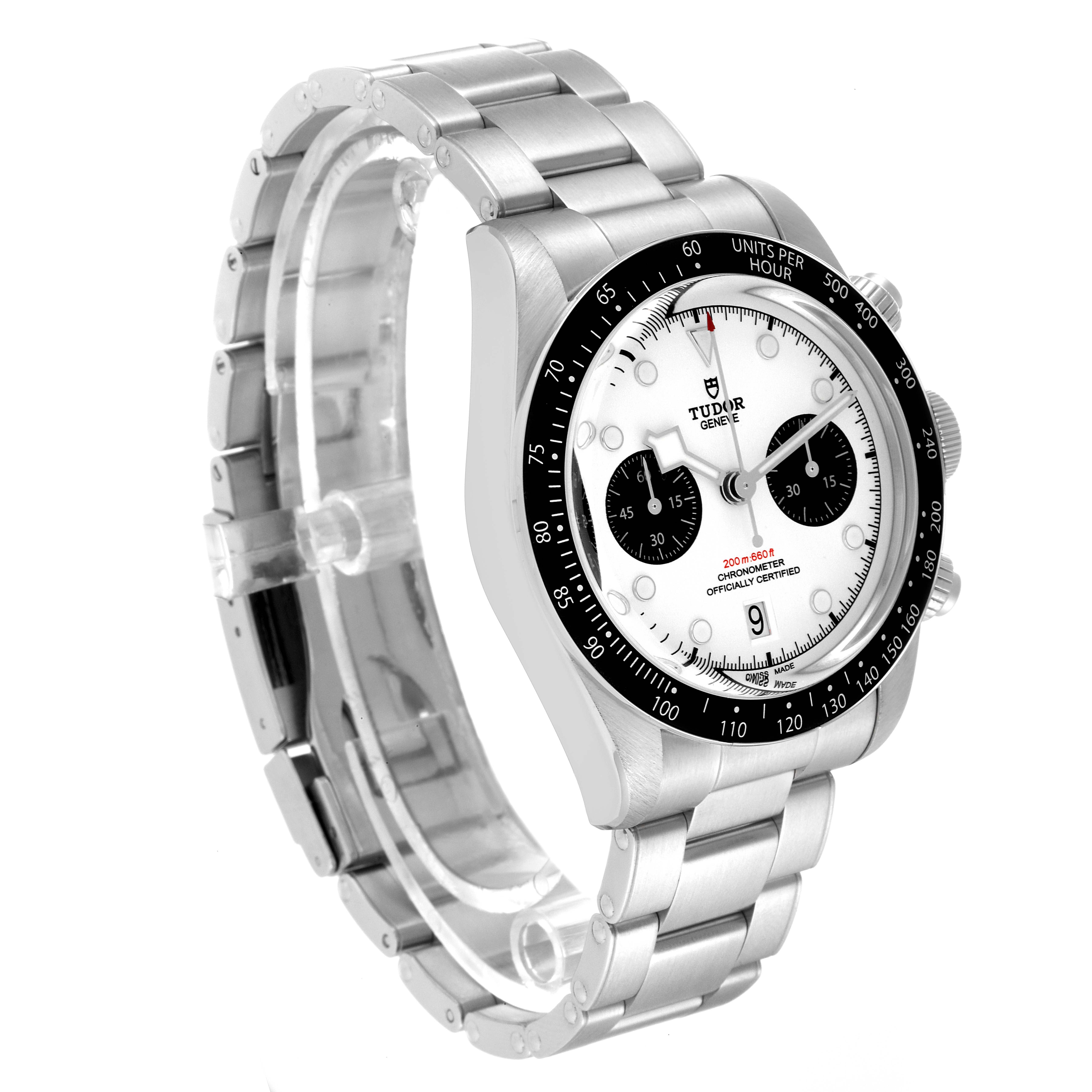 The Tudor Heritage Black Bay 79360N Men's Stainless Steel White Dial 79360N Men's Stainless Steel White Dial watch is shown at a three-quarter angle, highlighting the face, bezel, side buttons, and stainless steel bracelet.