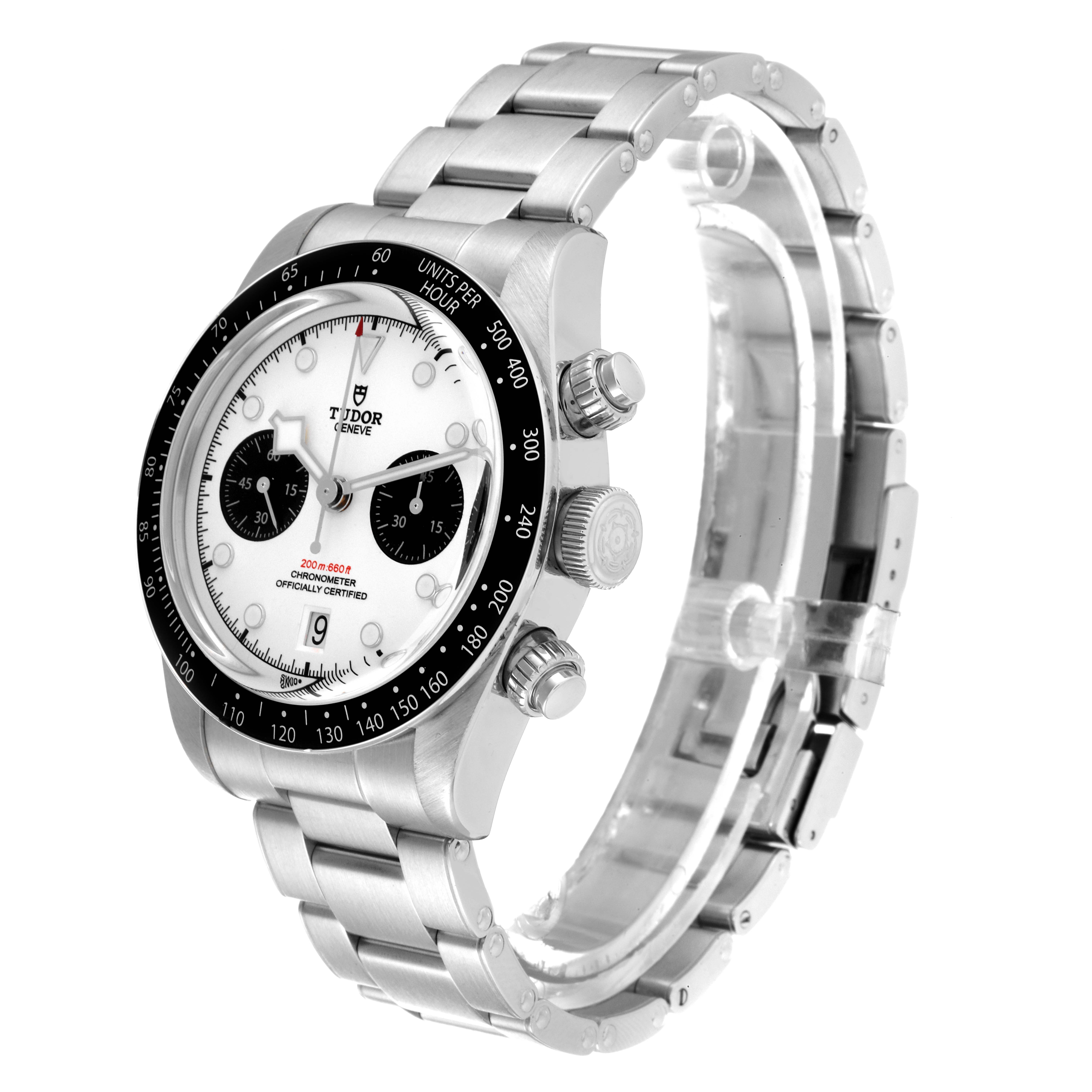 The image shows a side angle of the Tudor Heritage Black Bay 79360N Men's Stainless Steel White Dial 79360N Men's Stainless Steel White Dial watch, highlighting its stainless steel case, bezel, crown, and bracelet.