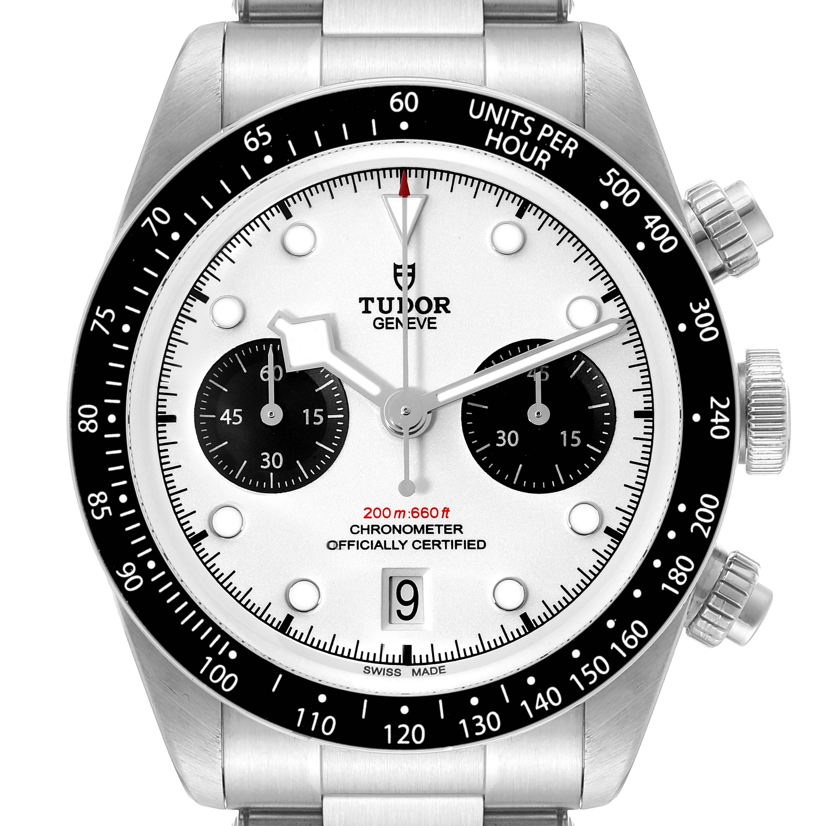 The Tudor Heritage Black Bay 79360N Men's Stainless Steel White Dial 79360N Men's Stainless Steel White Dial watch is shown from a front angle, displaying its dial, bezel, chronograph subdials, and bracelet.