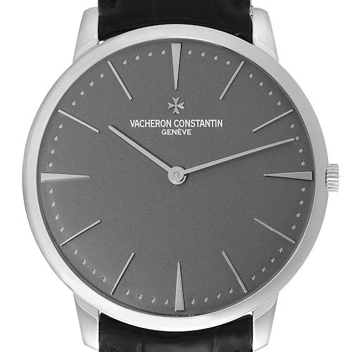 This image shows a straight-on view of the Vacheron Constantin Patrimony 81180/000P-9539 Men's Platinum Grey Dial 81180/000P-9539 Men's Platinum Grey Dial watch, highlighting its face, hour markers, and hands.