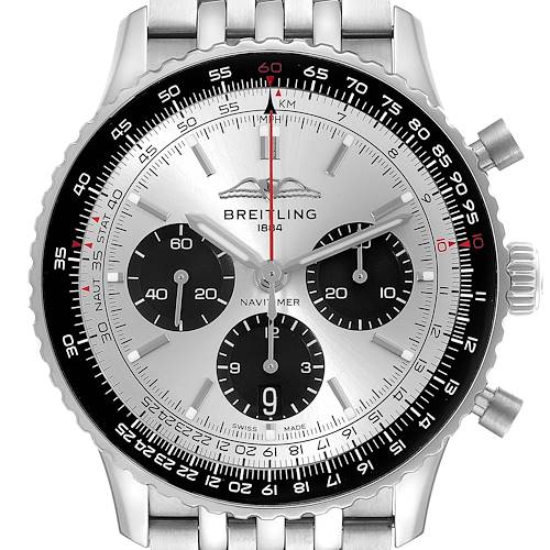 The image shows a front view of the Breitling Navitimer AB0138 Men's Stainless Steel Silver Dial AB0138 Men's Stainless Steel Silver Dial watch, highlighting the dial, bezel, and bracelet.