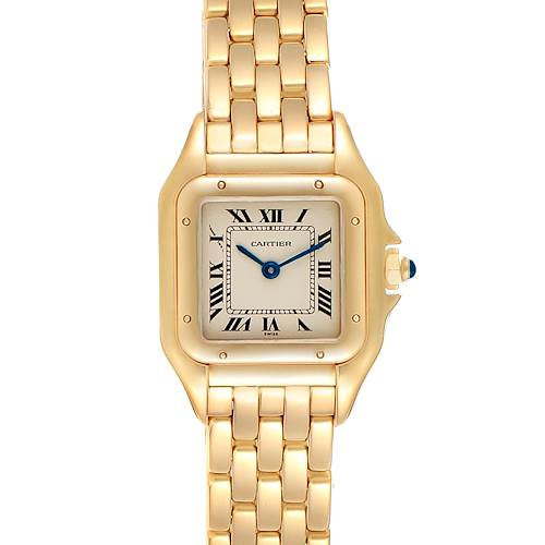 The image shows a Cartier Panthere W25022B9 Women's Yellow Gold Silver Dial W25022B9 Women's Yellow Gold Silver Dial watch from a top view, displaying its face, gold bracelet, and crown.
