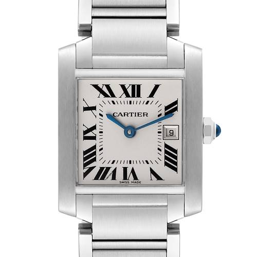 The image shows a front view of the Cartier Tank Française watch, highlighting its face, bracelet, and crown.