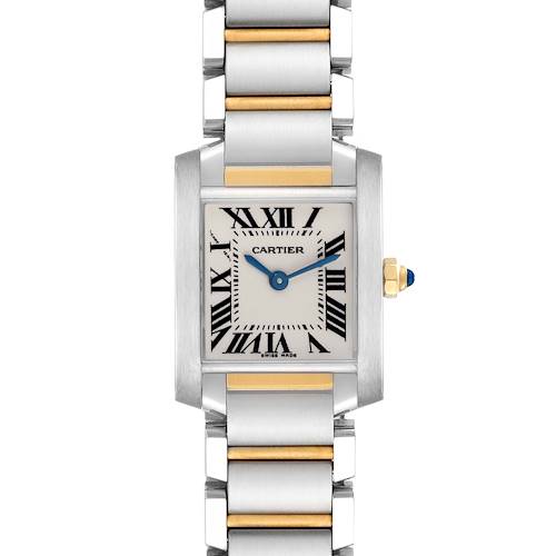 The Cartier Tank Francaise W51007Q4 Women's Steel and Gold (two tone) Silver Dial W51007Q4 Women's Steel and Gold (two tone) Silver Dial watch is shown from a front angle, featuring its face, bezel, crown, and bracelet.