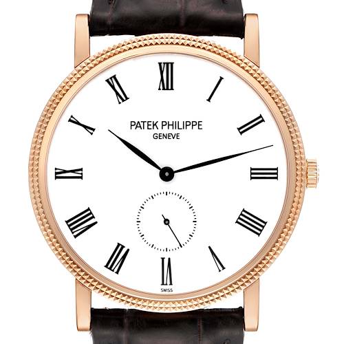 The image shows a front view of a Patek Philippe Calatrava 5119R Men's Rose Gold White Dial 5119R Men's Rose Gold White Dial watch, highlighting its dial, crown, and leather strap.