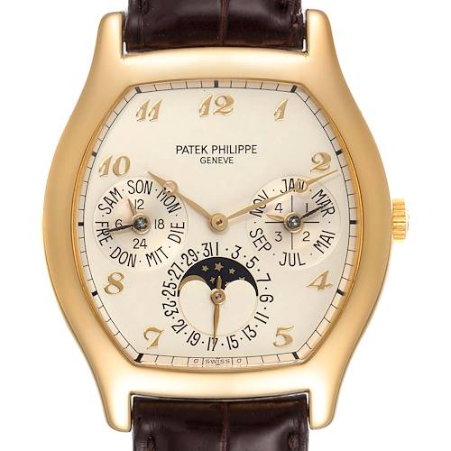 This Patek Philippe Complications 5040 Men's Yellow Gold Silver Dial 5040 Men's Yellow Gold Silver Dial model watch is shown from a front angle, displaying the face, dials, and leather strap.