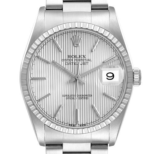 The image shows a front view of the Rolex Datejust 16220 Men's Stainless Steel Silver Dial 16220 Men's Stainless Steel Silver Dial watch, including the dial, bezel, and part of the bracelet.