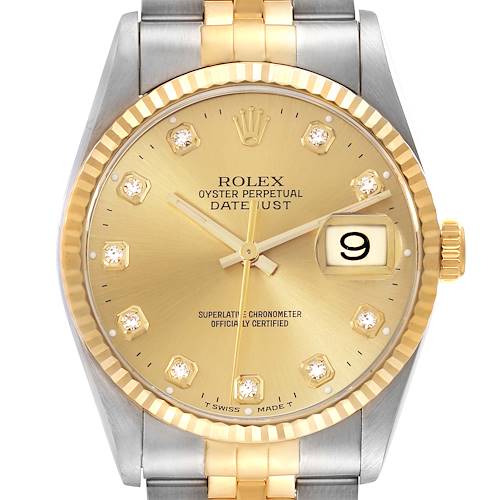 The Rolex Datejust 16233 Men's Steel and Gold (two tone) Champagne Dial 16233 Men's Steel and Gold (two tone) Champagne Dial watch is shown head-on, highlighting its gold dial, diamond hour markers, and two-tone bracelet.