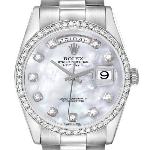 The Rolex President 118346 Men's Platinum Mother of Pearl Dial 118346 Men's Platinum Mother of Pearl Dial model is shown from a front angle, highlighting the dial, bezel, and part of the bracelet.