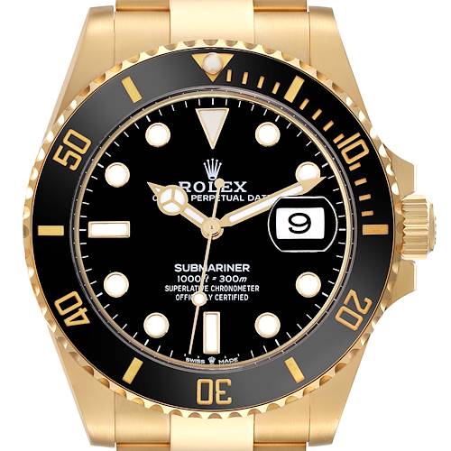 The Rolex Submariner 126618 Men's Yellow Gold Black Dial 126618 Men's Yellow Gold Black Dial watch is shown from the front, displaying the dial, bezel, and crown.