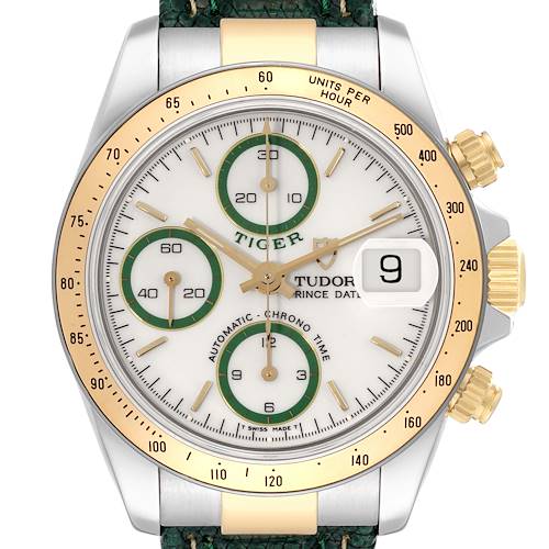 The image shows the Tudor Tiger 79263 Men's Steel and Gold (two tone) White Dial 79263 Men's Steel and Gold (two tone) White Dial model watch from a front angle, displaying the dial, bezel, crown, and chronograph subdials.