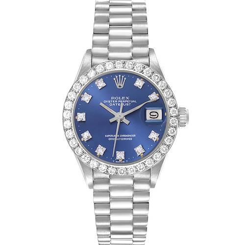 This Rolex President 6913 Women's White Gold Blue Dial 6913 Women's White Gold Blue Dial model watch is shown from a front view, featuring a blue dial, diamond bezel, and link bracelet.