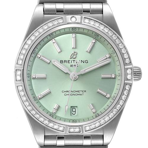 This image shows a frontal view of the Breitling A10380591L1A1 Women's Stainless Steel Green Dial A10380591L1A1 Women's Stainless Steel Green Dial Chronomat Green Dial Steel Diamond Ladies Watch A10380, highlighting the dial, bezel, hands, and bracelet.