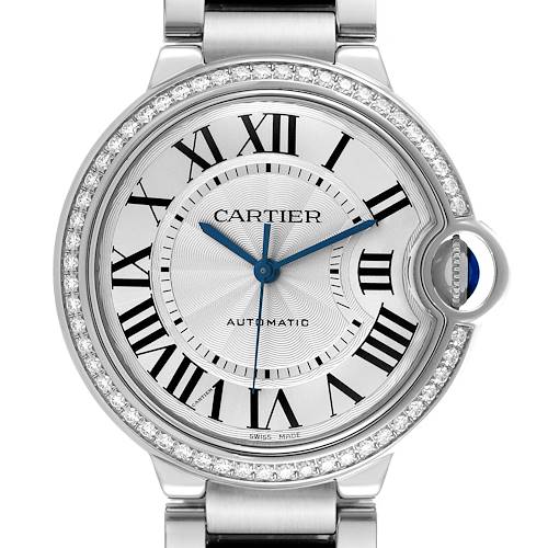 The Cartier Ballon Bleu W4BB0023 Women's Stainless Steel Silver Dial W4BB0023 Women's Stainless Steel Silver Dial watch is shown from the front, displaying the dial, Roman numerals, and diamond bezel.