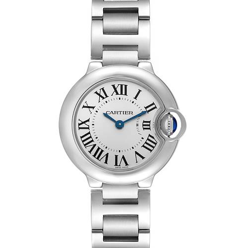 The Cartier Ballon Bleu W69010Z4 Women's Stainless Steel Silver Dial W69010Z4 Women's Stainless Steel Silver Dial watch is shown from a front angle, displaying the dial, Roman numerals, and bracelet.