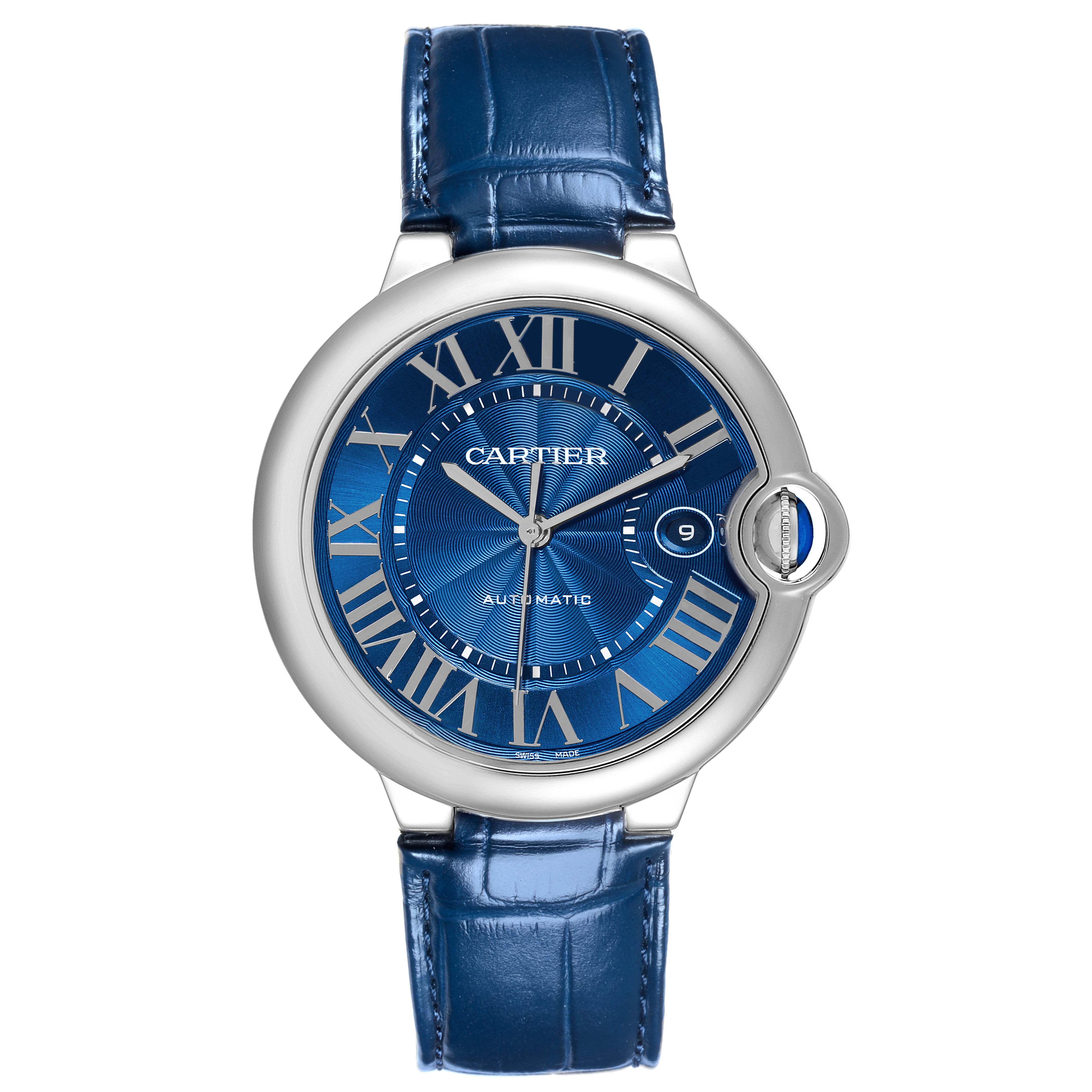 The Cartier Ballon Bleu WSBB0027 Men's Stainless Steel Blue Dial WSBB0027 Men's Stainless Steel Blue Dial watch is shown from the front, displaying the dial, case, and blue leather strap.