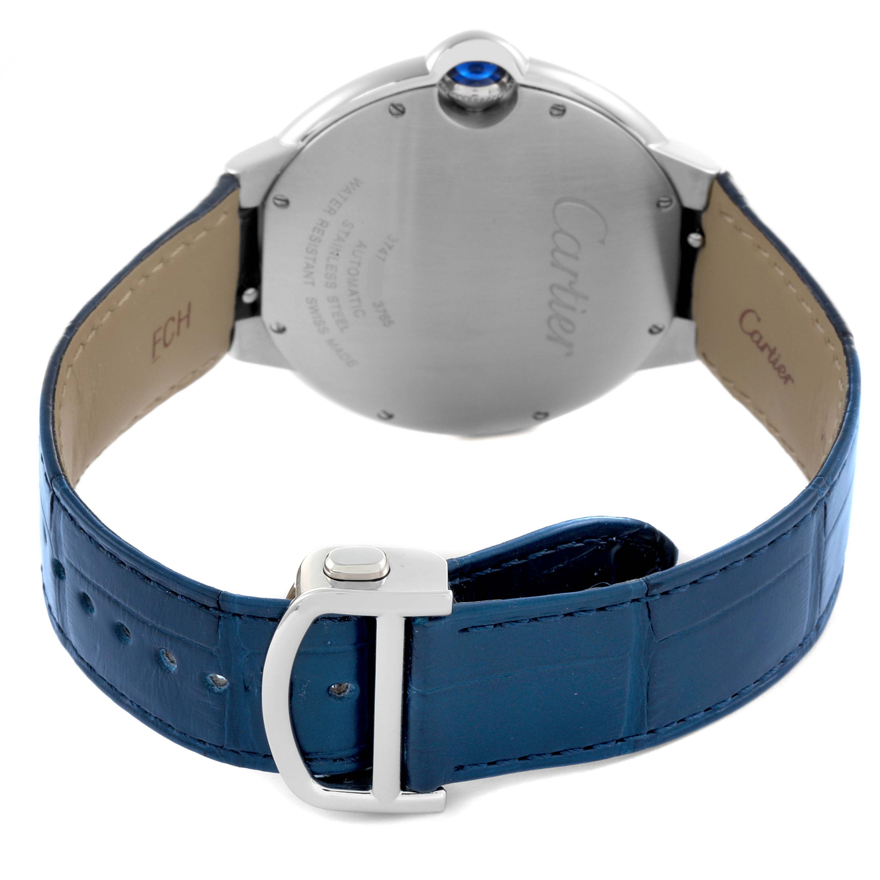 The Cartier Ballon Bleu WSBB0027 Men's Stainless Steel Blue Dial WSBB0027 Men's Stainless Steel Blue Dial watch is shown from the back, highlighting its clasp, strap, and case back.