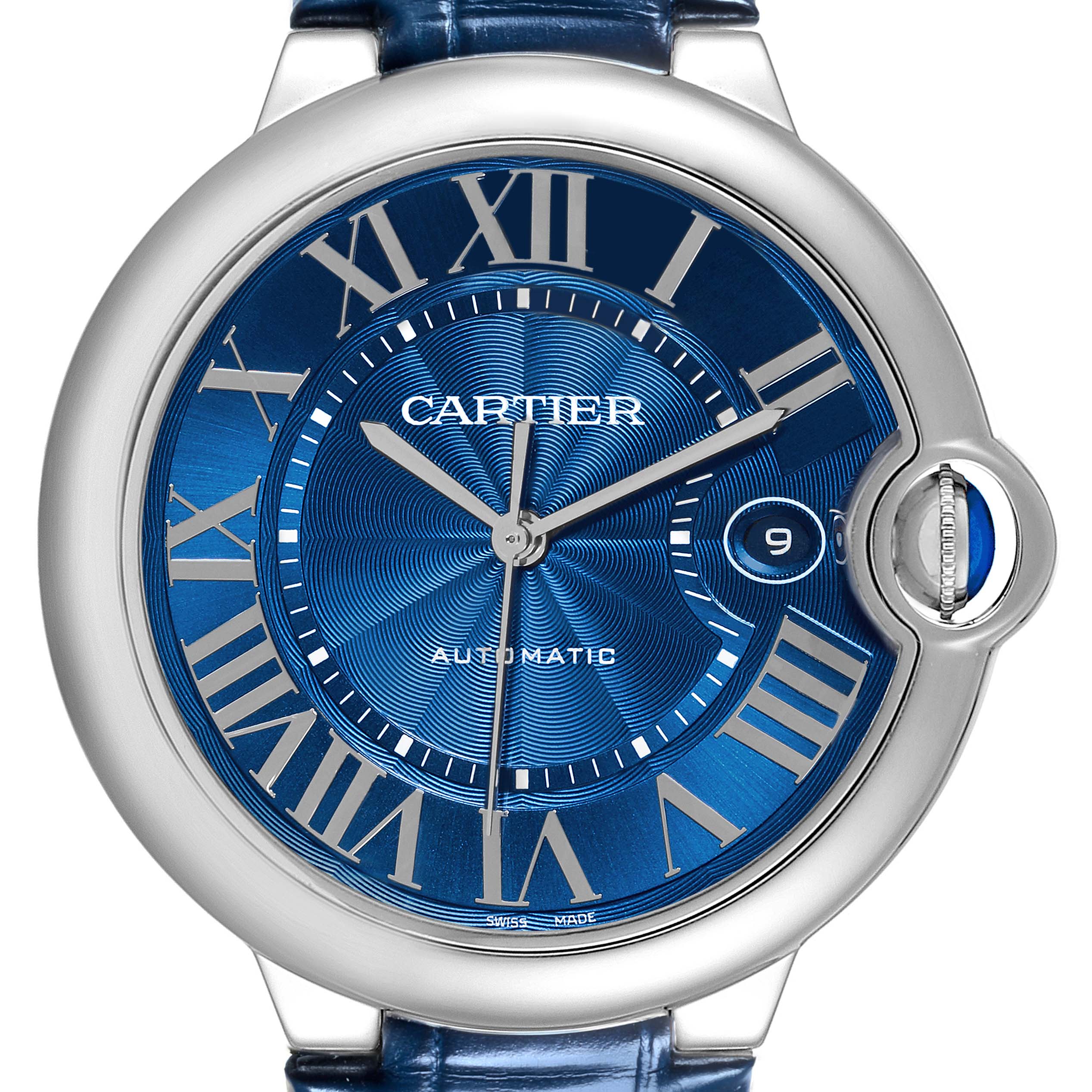The Cartier Ballon Bleu WSBB0027 Men's Stainless Steel Blue Dial WSBB0027 Men's Stainless Steel Blue Dial watch is shown in a close-up front view, highlighting the dial, Roman numerals, and crown.