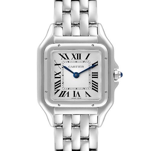 This image shows a frontal view of the Cartier Panthere WSPN0007 Women's Stainless Steel Silver Dial WSPN0007 Women's Stainless Steel Silver Dial watch, highlighting its face, Roman numerals, and metal bracelet.
