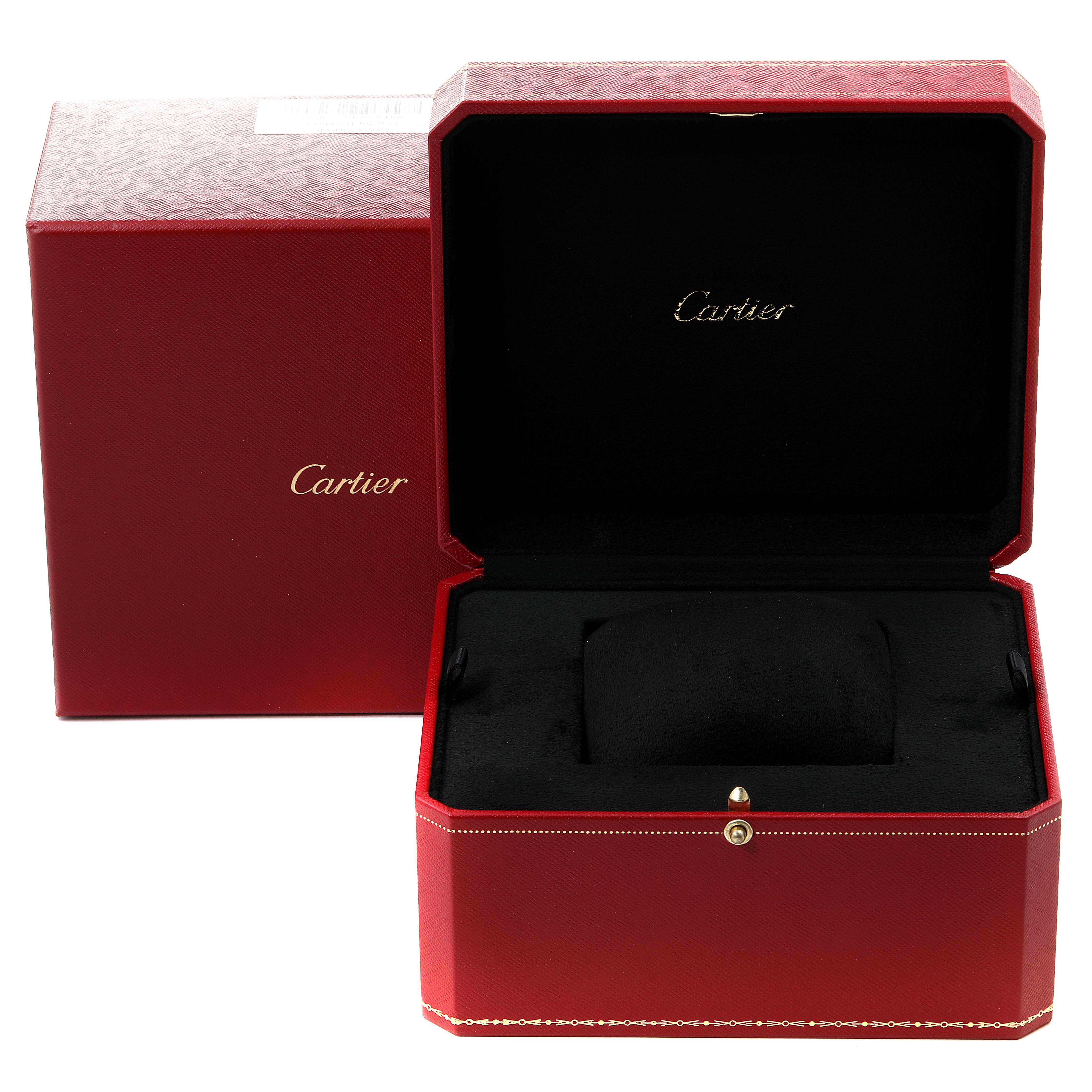 The image displays the red box and packaging for the Cartier Roadster W62005V2 Men's Yellow Gold Silver Dial W62005V2 Men's Yellow Gold Silver Dial watch from a frontal angle.