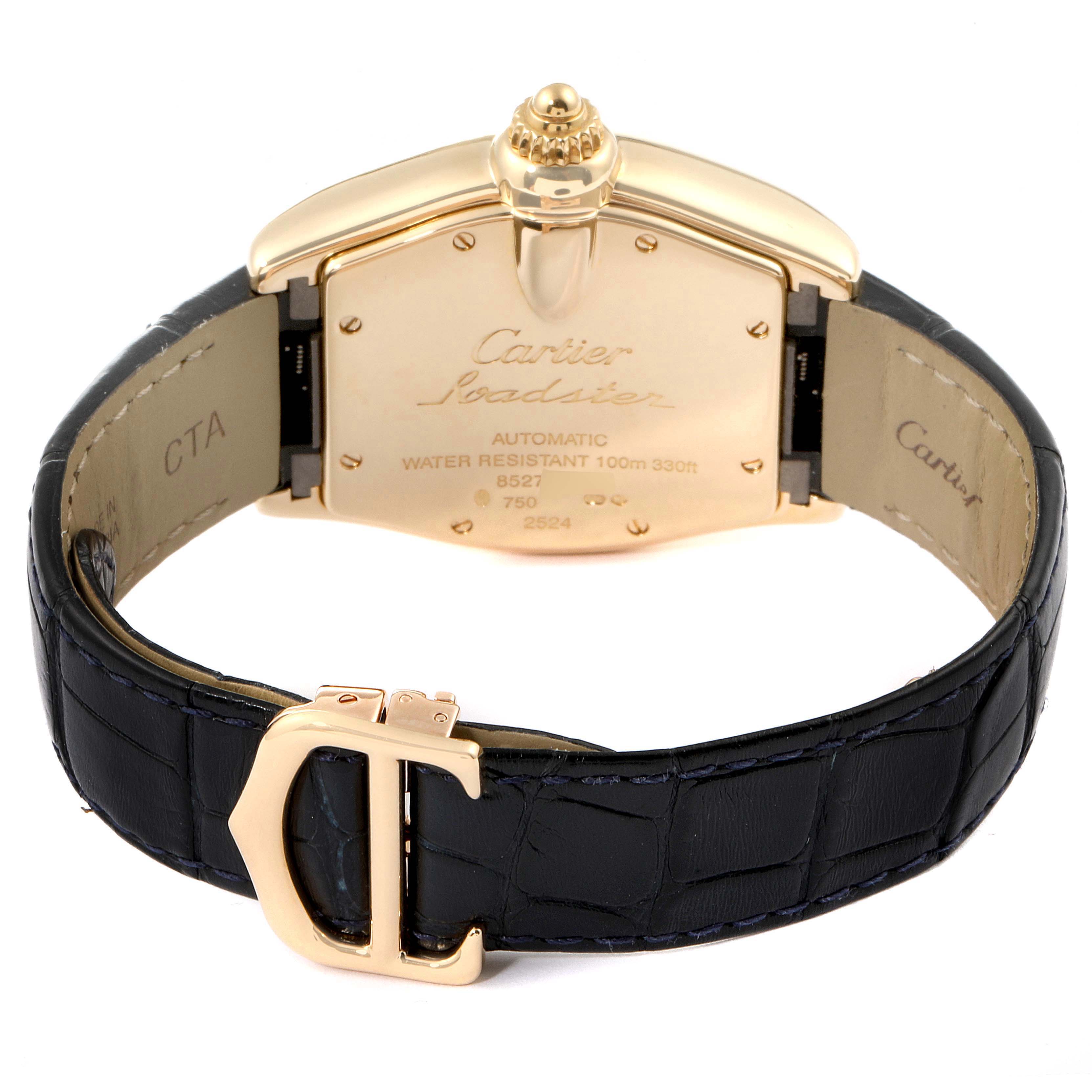 This image shows the back view of a Cartier Roadster W62005V2 Men's Yellow Gold Silver Dial W62005V2 Men's Yellow Gold Silver Dial watch, highlighting the watch case, clasp, and leather strap.