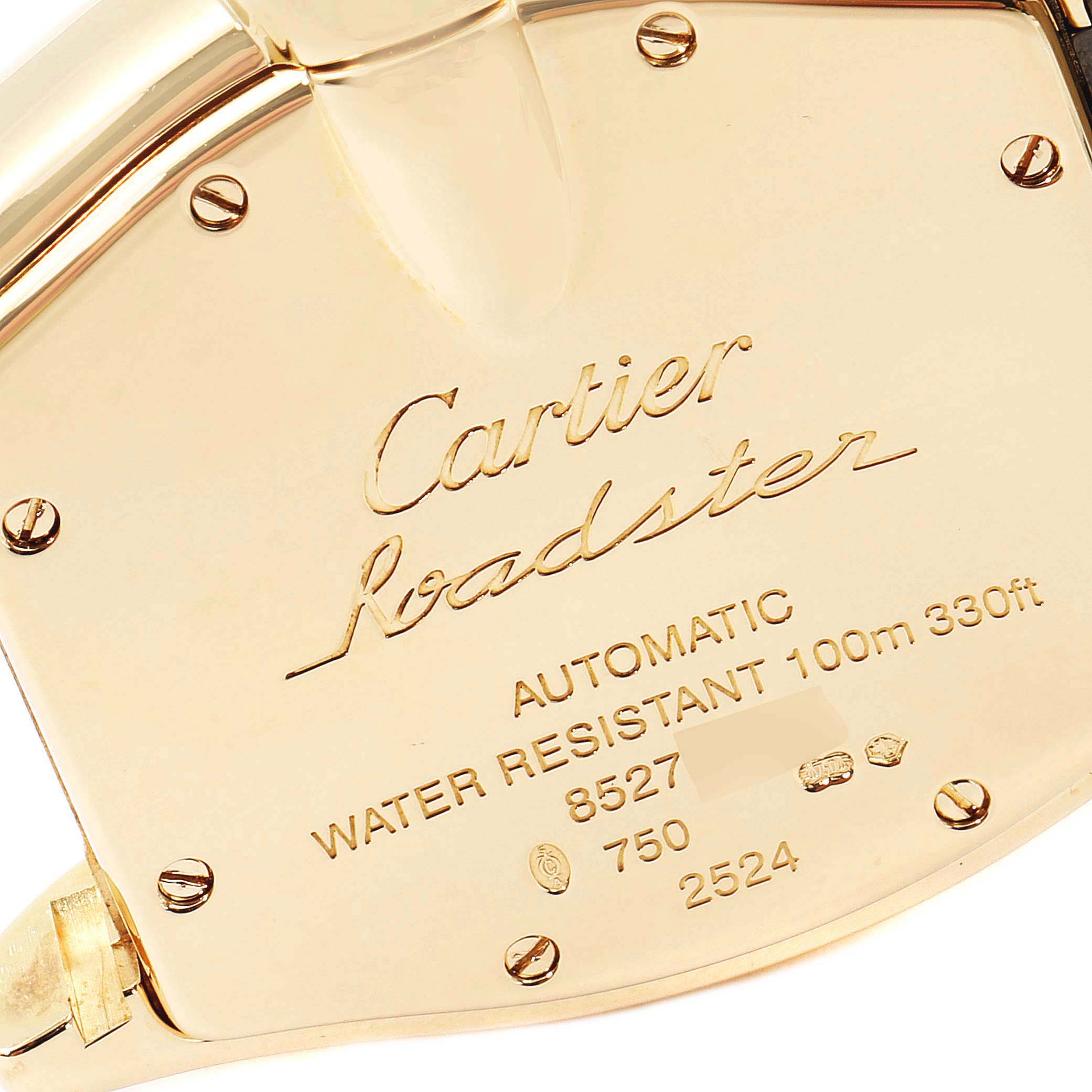 This image shows the back of a Cartier Roadster W62005V2 Men's Yellow Gold Silver Dial W62005V2 Men's Yellow Gold Silver Dial watch, detailing its automatic movement and water resistance specifications.