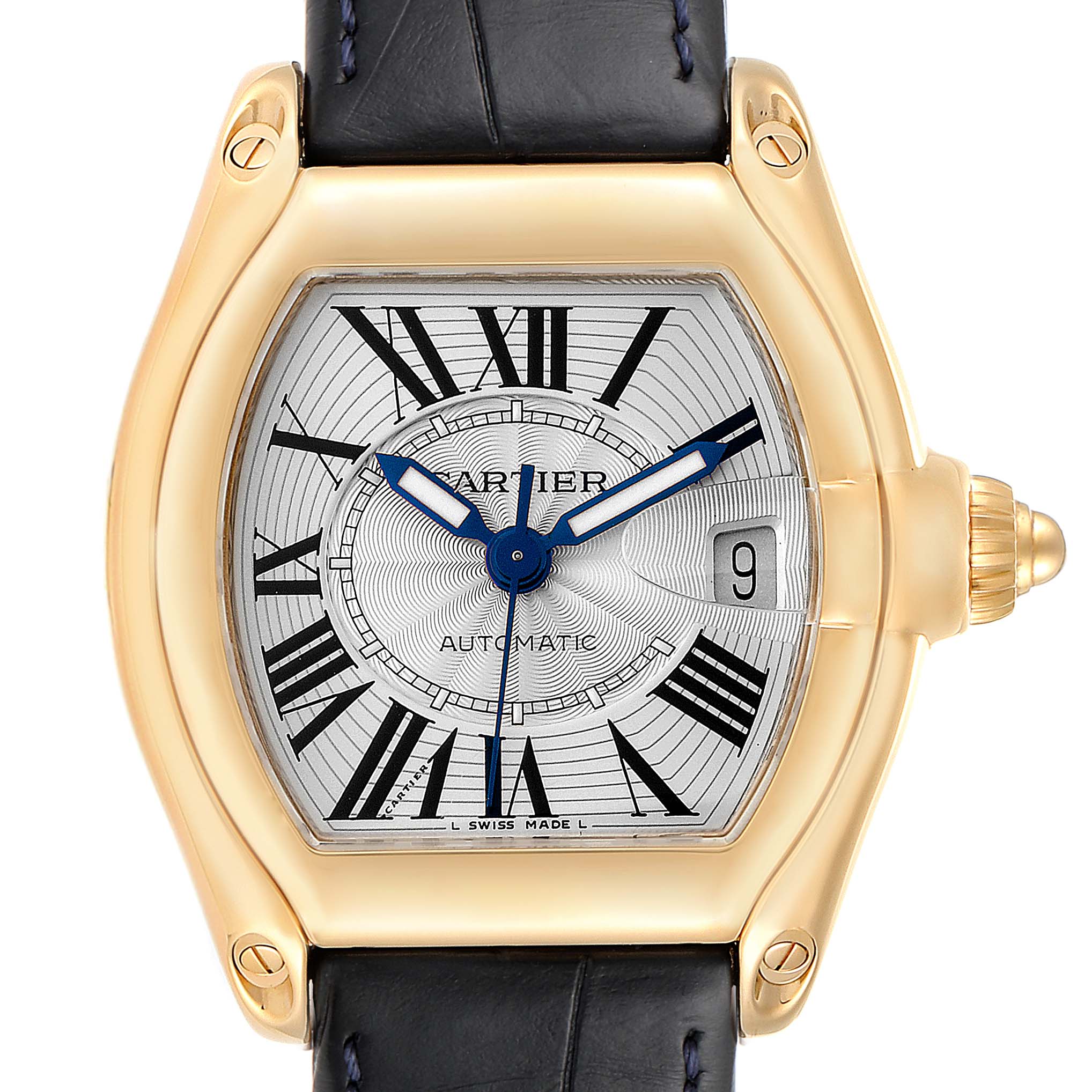 This image shows a Cartier Roadster W62005V2 Men's Yellow Gold Silver Dial W62005V2 Men's Yellow Gold Silver Dial watch face, crown, and part of the leather strap, viewed from the front.