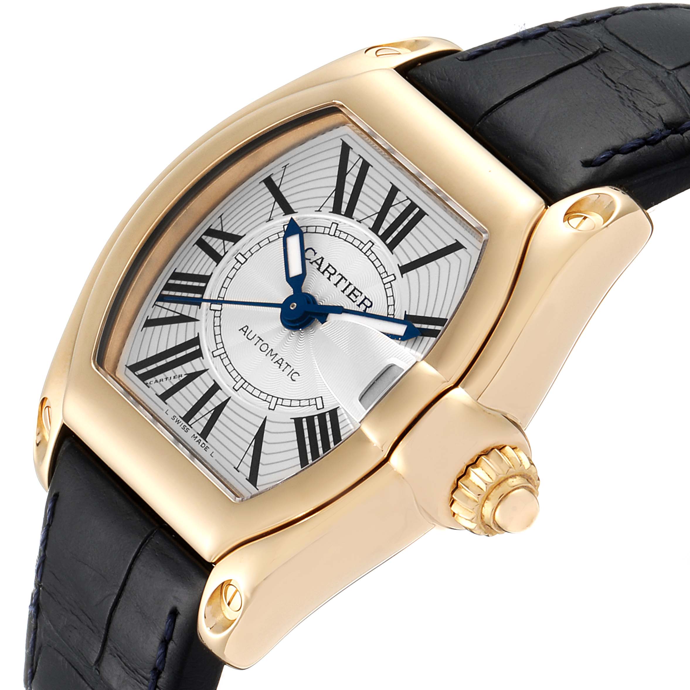 The image shows a close-up of the Cartier Roadster W62005V2 Men's Yellow Gold Silver Dial W62005V2 Men's Yellow Gold Silver Dial watch, focusing on the face, crown, and strap attachment.