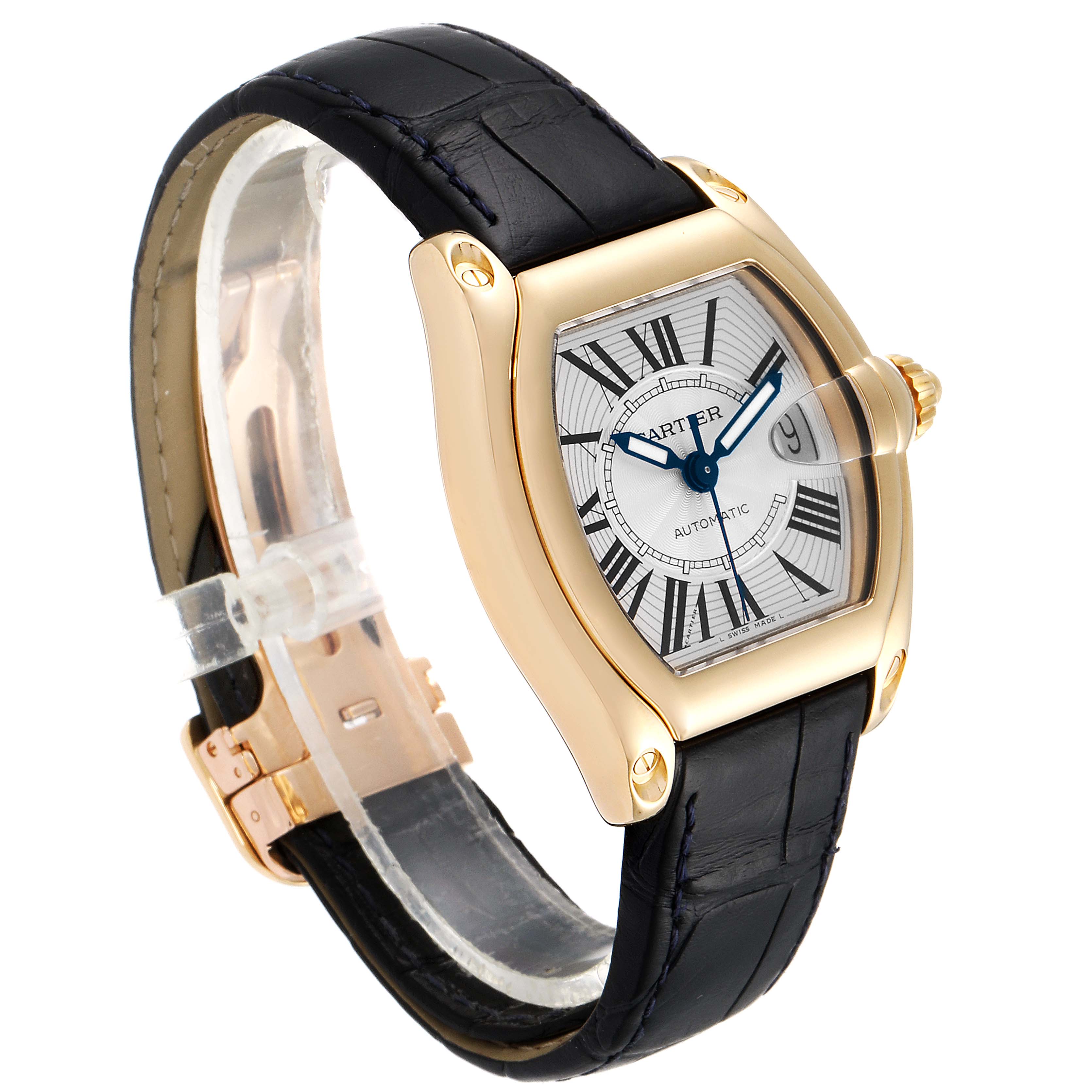 The Cartier Roadster W62005V2 Men's Yellow Gold Silver Dial W62005V2 Men's Yellow Gold Silver Dial watch is shown at a three-quarter angle, highlighting its face, black leather strap, and gold casing.
