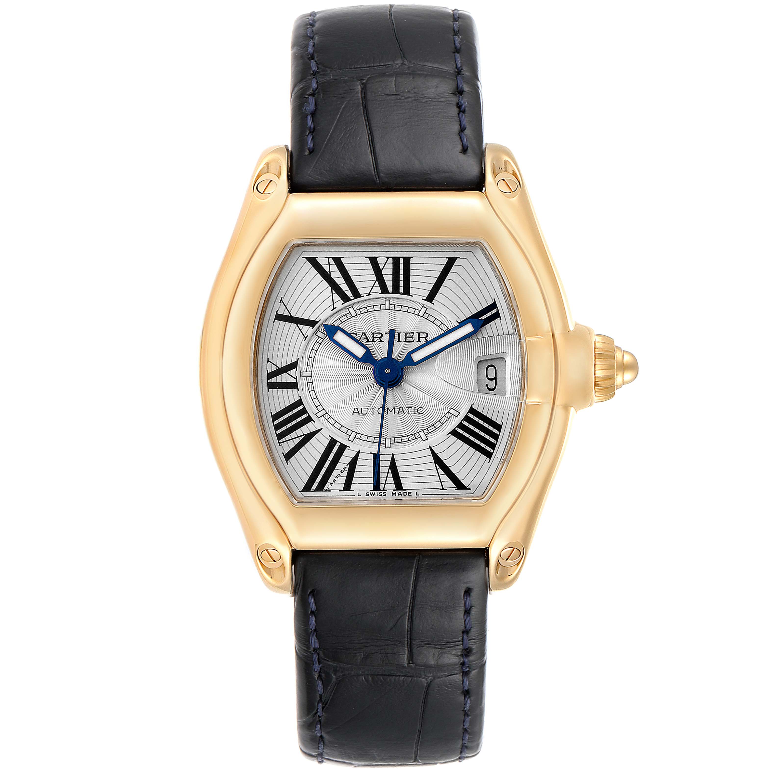 This image shows a front view of the Cartier Roadster W62005V2 Men's Yellow Gold Silver Dial W62005V2 Men's Yellow Gold Silver Dial watch, displaying its face, gold case, and black leather strap.