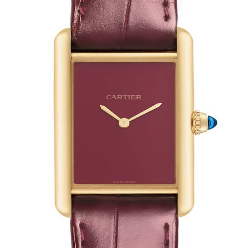 The Cartier Tank Louis WGTA0190 Men's Yellow Gold Burgundy Dial WGTA0190 Men's Yellow Gold Burgundy Dial watch is shown from the front, highlighting the face, crown, and leather strap.