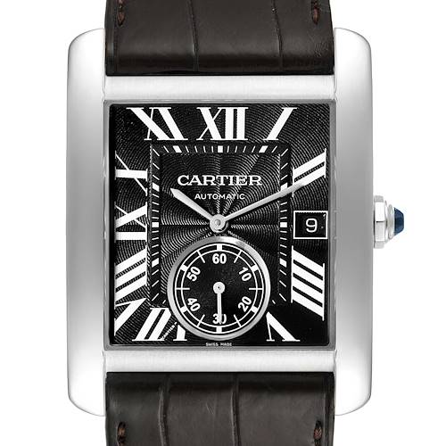 The image shows a front view of a Cartier Tank MC W5330004 Men's Stainless Steel Black Dial W5330004 Men's Stainless Steel Black Dial watch with a rectangular case, black dial, and leather strap.