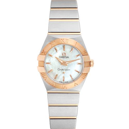 This image shows a front view of the Omega 123.20.24.60.05.001 Women's Steel and Gold (two tone) Mother of Pearl Dial 123.20.24.60.05.001 Women's Steel and Gold (two tone) Mother of Pearl Dial Constellation MOP Steel Rose Gold Ladies Watch model 123.20.24.60.05.001.