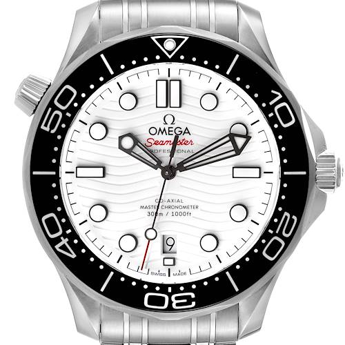 The Omega Seamaster 210.30.42.20.04.001 Men's Stainless Steel White Dial 210.30.42.20.04.001 Men's Stainless Steel White Dial watch is shown from the front, highlighting the dial, bezel, crown, and bracelet.