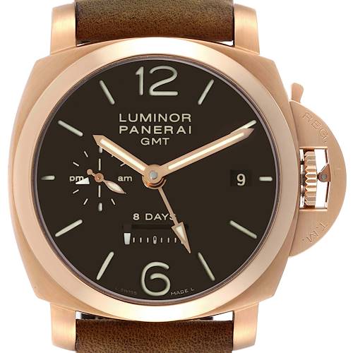 This image shows a front view of the Panerai Luminor PAM00289 Men's Rose Gold Black Dial PAM00289 Men's Rose Gold Black Dial model watch, highlighting the dial, hands, and crown guard.