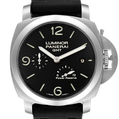 This image shows a front view of a Panerai Luminor PAM00321 Men's Stainless Steel Black Dial PAM00321 Men's Stainless Steel Black Dial GMT watch, featuring its dial, power reserve indicator, and crown guard.