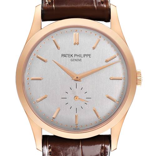 The image shows a front view of the Patek Philippe Calatrava 5196R-001 Men's Rose Gold Silver Dial 5196R-001 Men's Rose Gold Silver Dial watch, highlighting the dial, hands, and leather strap.