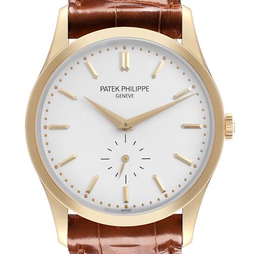 The Patek Philippe Calatrava 5196J Men's Yellow Gold Silver Dial 5196J Men's Yellow Gold Silver Dial watch is shown from a front angle, displaying the face, hands, and part of the brown leather strap.