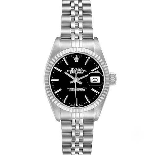 The Rolex Datejust 69174 Women's Stainless Steel Black Dial 69174 Women's Stainless Steel Black Dial watch is shown from the front, displaying the dial, bezel, bracelet, hands, and date window.