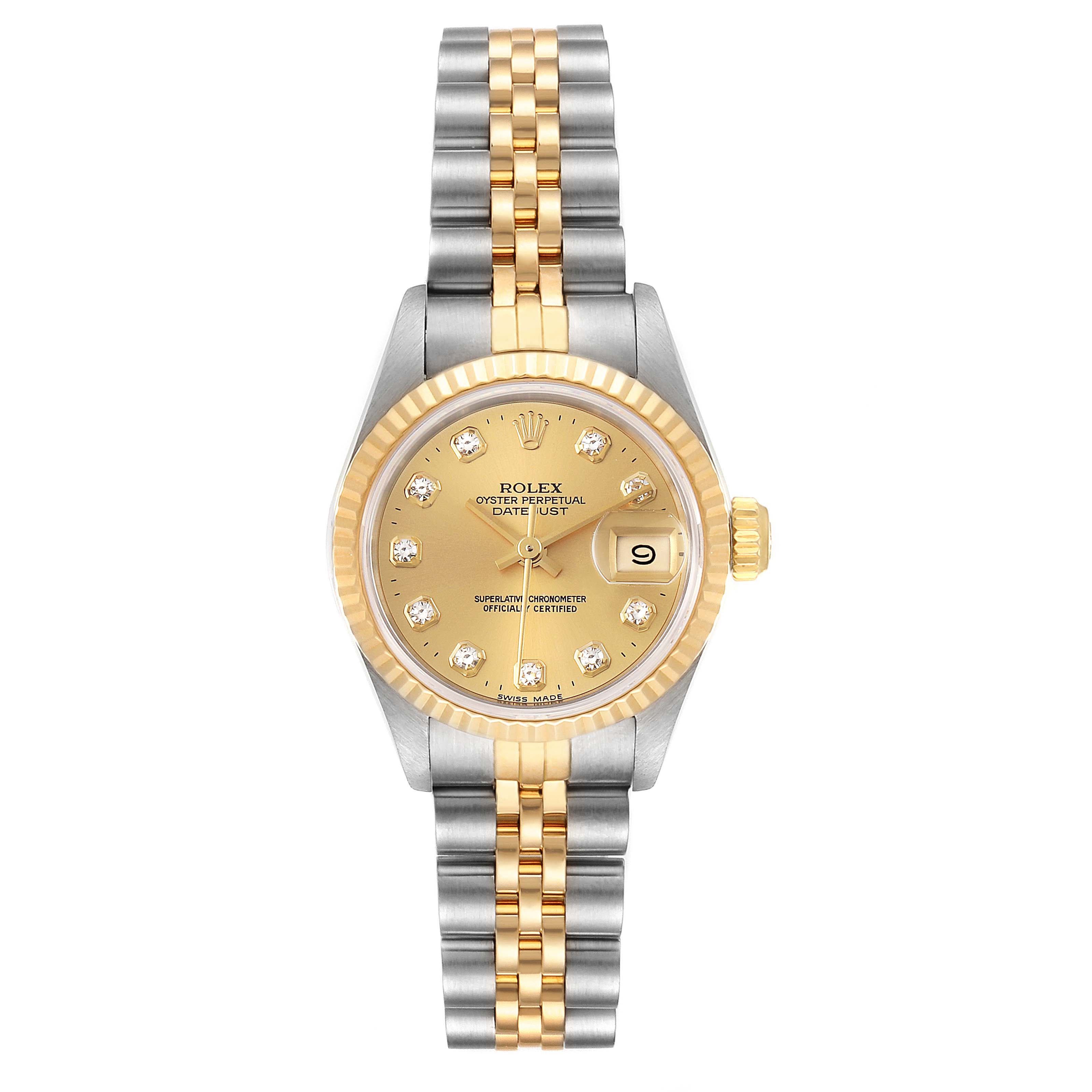 The image shows a frontal view of the Rolex Datejust 69173 Women's Steel and Gold (two tone) Champagne Dial 69173 Women's Steel and Gold (two tone) Champagne Dial watch, displaying its dial, bezel, and bracelet.