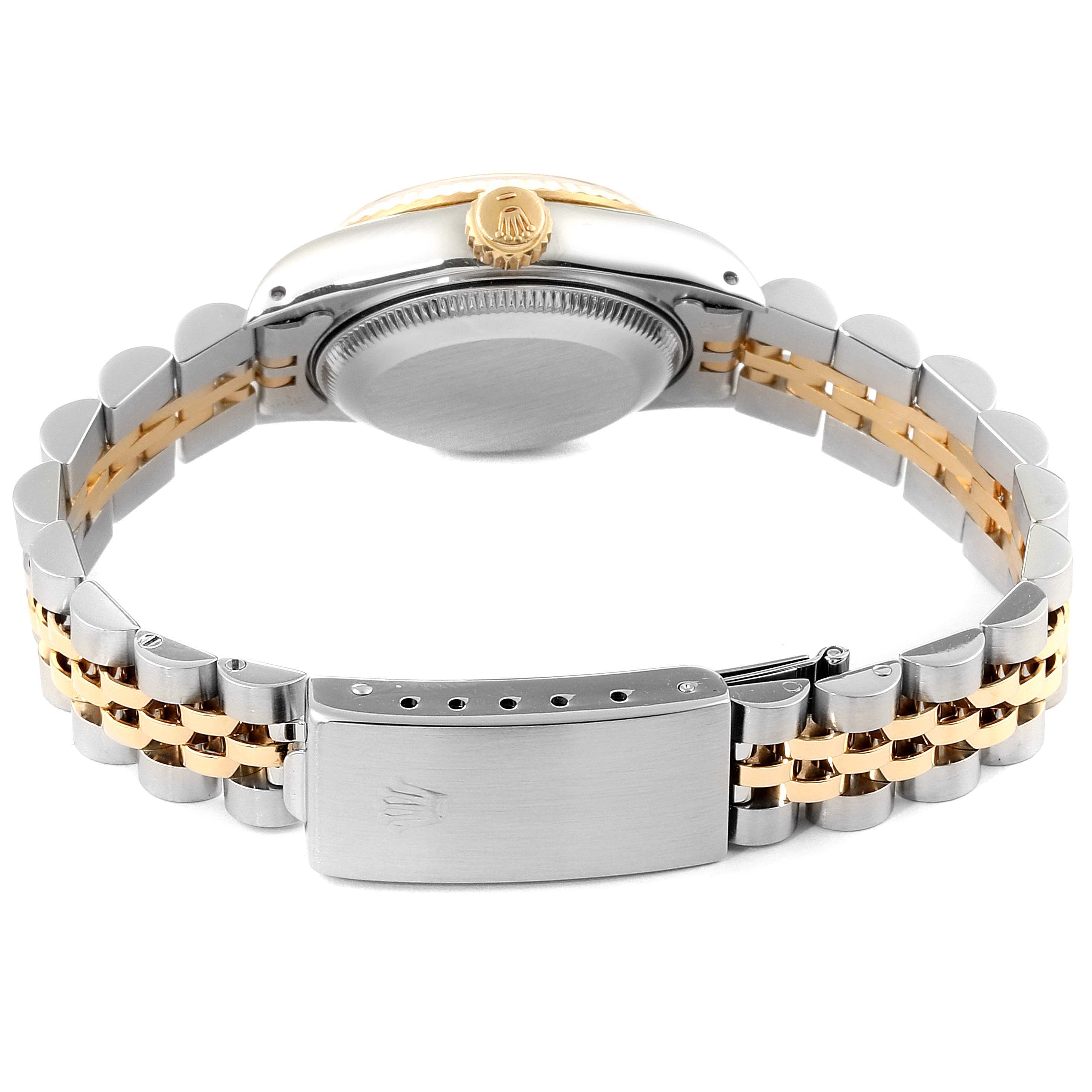 The image shows the back view of a Rolex Datejust 69173 Women's Steel and Gold (two tone) Champagne Dial 69173 Women's Steel and Gold (two tone) Champagne Dial watch, highlighting the clasp, bracelet, and case back.