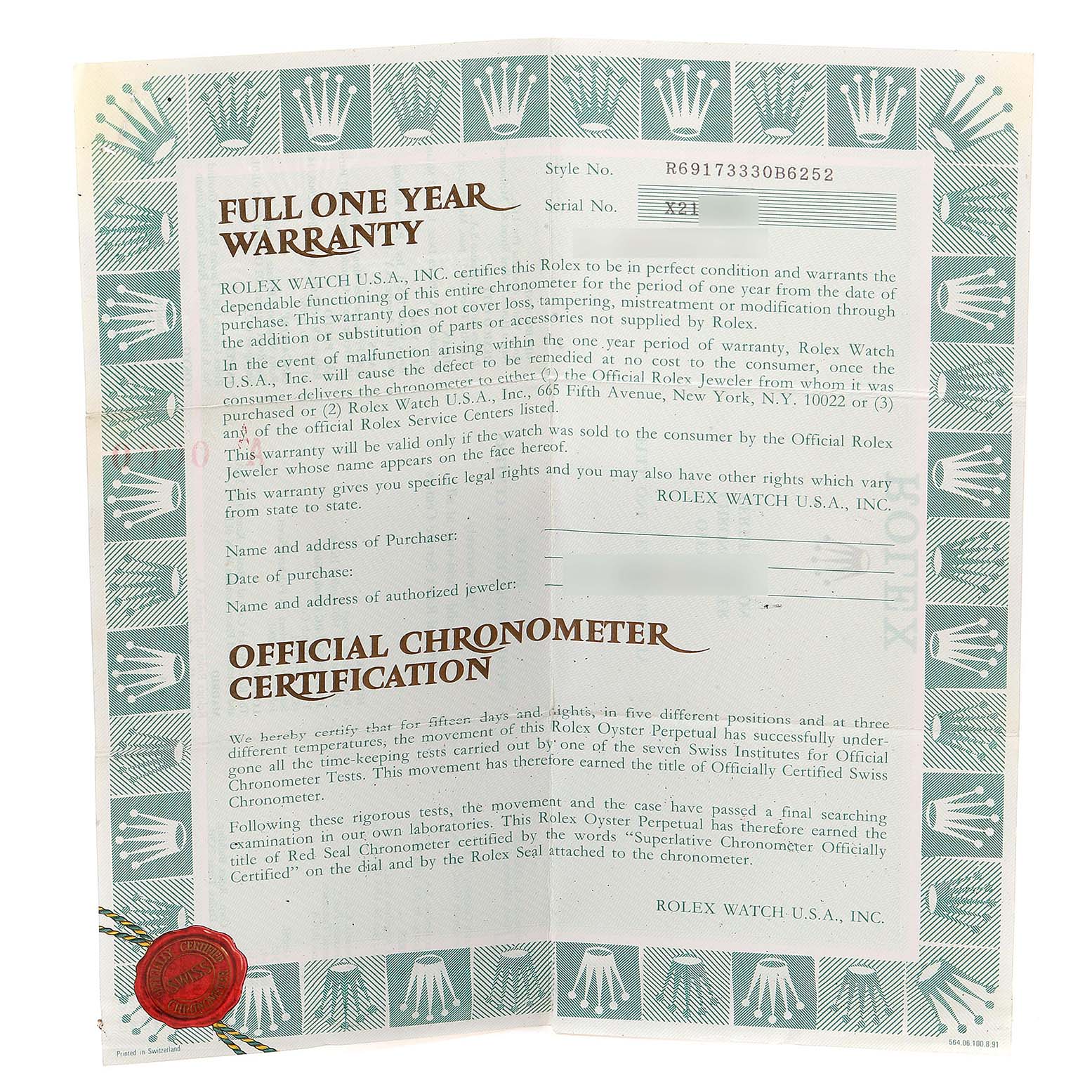 This image shows the warranty and chronometer certification for a Rolex Datejust 69173 Women's Steel and Gold (two tone) Champagne Dial 69173 Women's Steel and Gold (two tone) Champagne Dial watch.