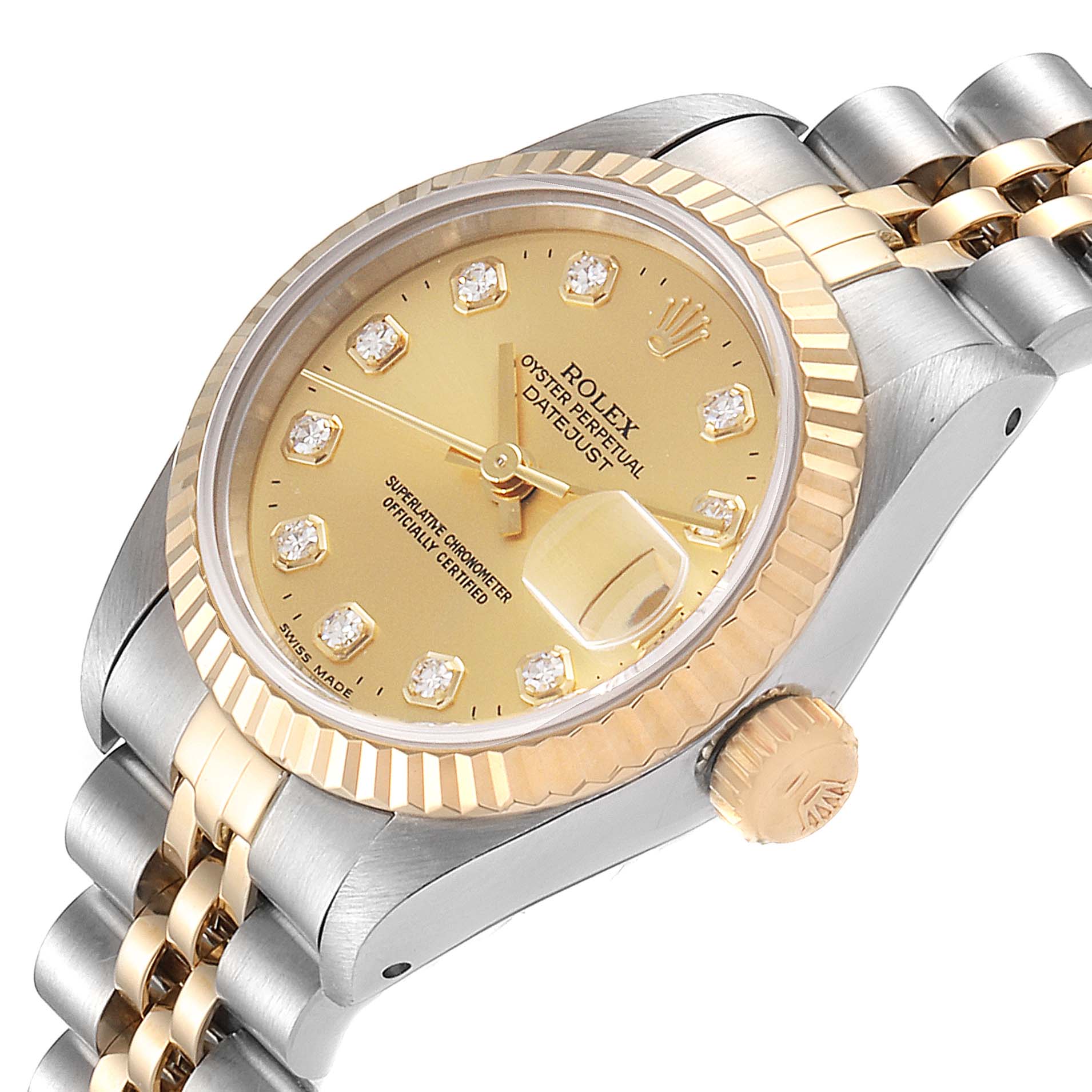 The image shows a close-up angle of a Rolex Datejust 69173 Women's Steel and Gold (two tone) Champagne Dial 69173 Women's Steel and Gold (two tone) Champagne Dial watch, highlighting the dial, bezel, crown, and part of the bracelet.