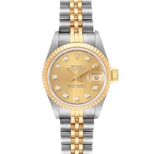This image shows a Rolex Datejust 69173 Women's Steel and Gold (two tone) Champagne Dial 69173 Women's Steel and Gold (two tone) Champagne Dial with a gold dial and a two-tone Jubilee bracelet, captured from a top-down angle.
