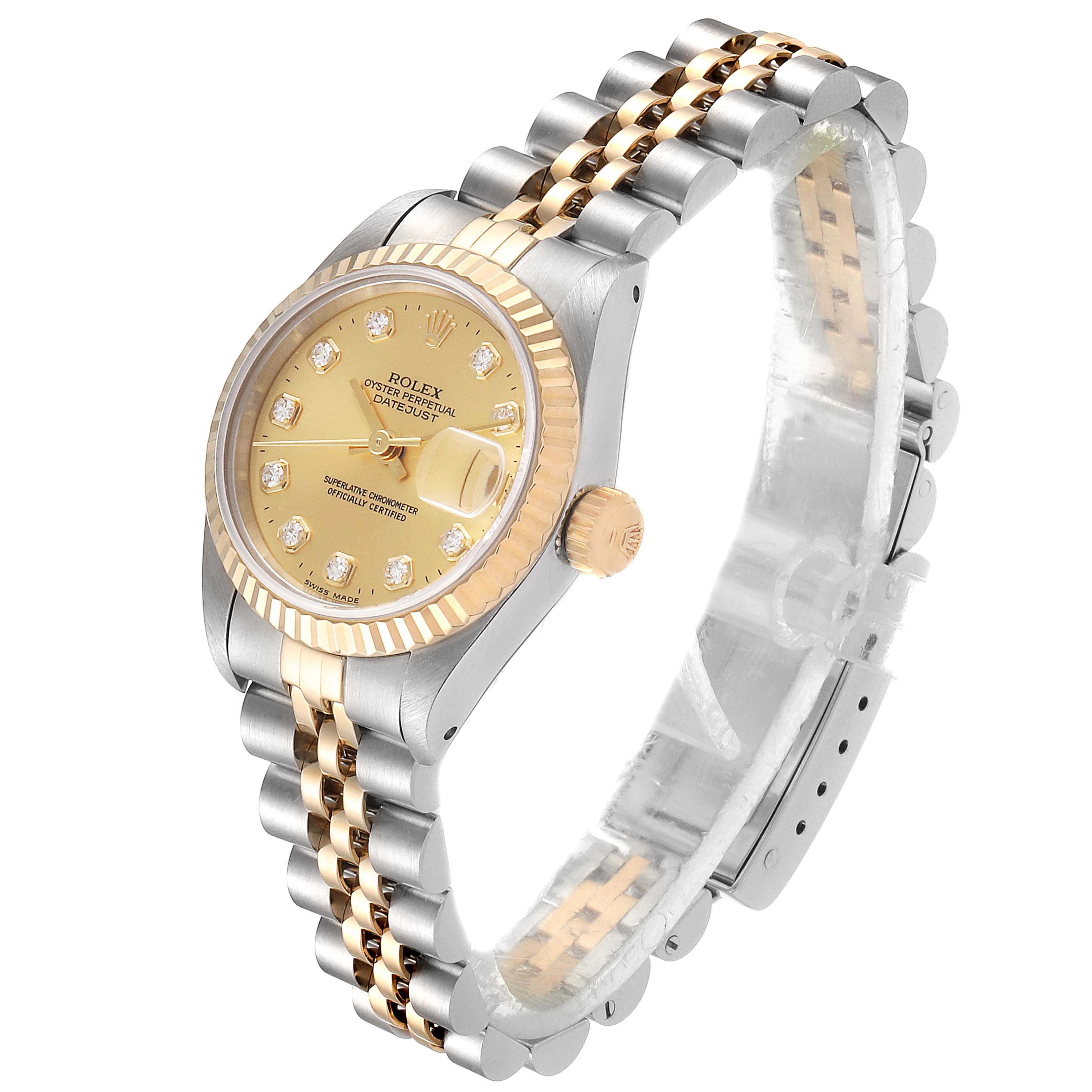 This Rolex Datejust 69173 Women's Steel and Gold (two tone) Champagne Dial 69173 Women's Steel and Gold (two tone) Champagne Dial model watch is shown at a three-quarter angle, displaying its face, bezel, crown, and two-tone bracelet.
